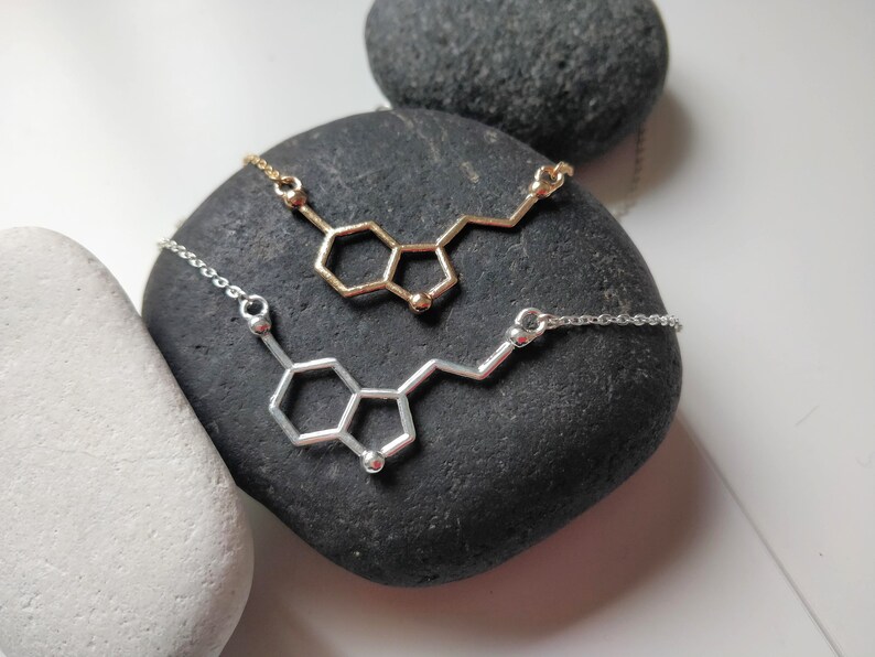 May include: Two necklaces with a chemical structure pendant, one gold and one silver, on a grey stone background.