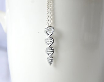 Silver DNA necklace, Chemisty science jewelry, Double Helix necklace, Biology teacher gift, Big bang, Scientist geek gifts, Doctor jewellery