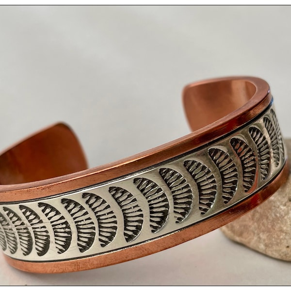 Native American sterling silver and copper cuff by artists S. Apache & R. Secatero
