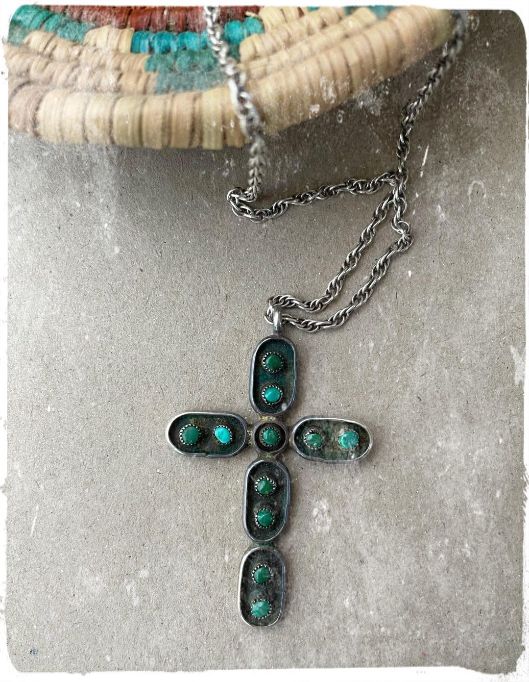 Vintage Native American Cross Pendant With Turquoise Signed 
