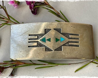Vintage Native American inlay belt buckle signed