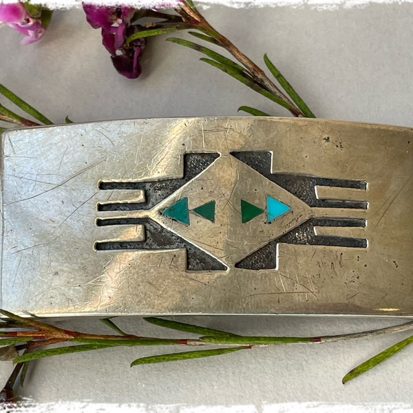 Vintage Native American inlay belt buckle signed