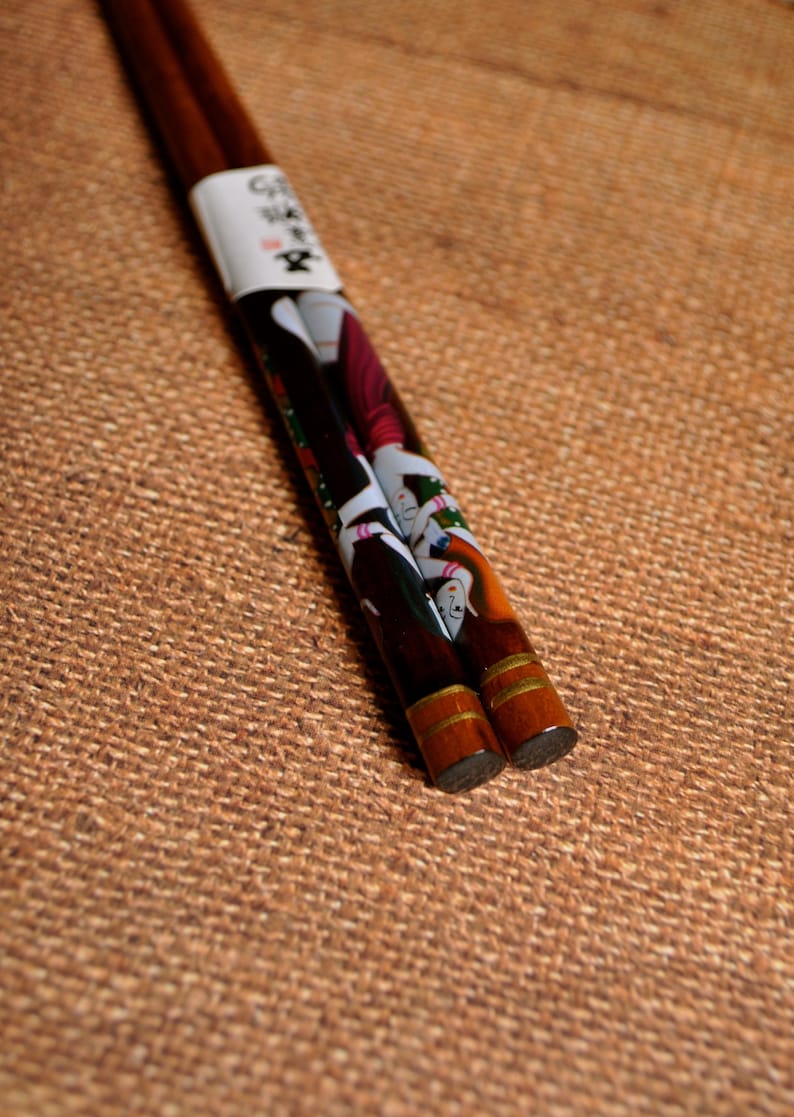 Vintage Japanese Lacquered Chopsticks with ladies pattern set of 2