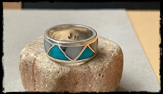 Vintage Native American inlay ring signed JM size… - image 2