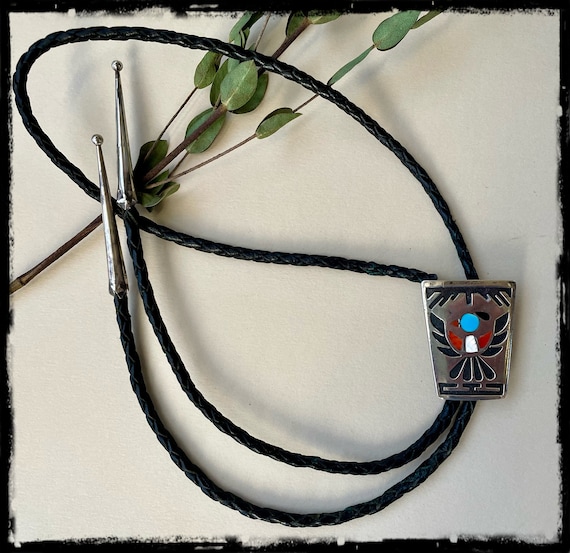Native American Rare Women's Vintage Navajo Turquoise Bird Inlay Sterling Silver Bolo Tie Native American Rare Women's Vintage Navajo Turquoise Bird Inlay Sterling Silver Bolo Tie