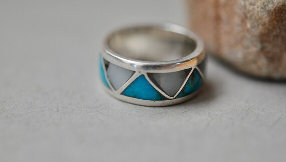 Vintage Native American inlay ring signed JM size… - image 4