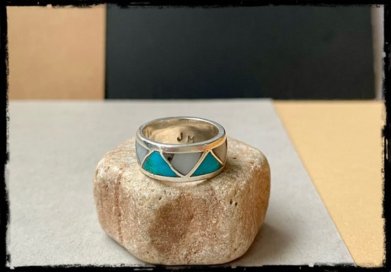 Vintage Native American inlay ring signed JM size… - image 1