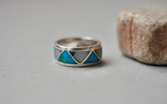 Vintage Native American inlay ring signed JM size… - image 8