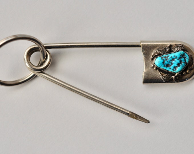 Vintage Native American Large Safety Pin Key Ring With Turquoise Stone