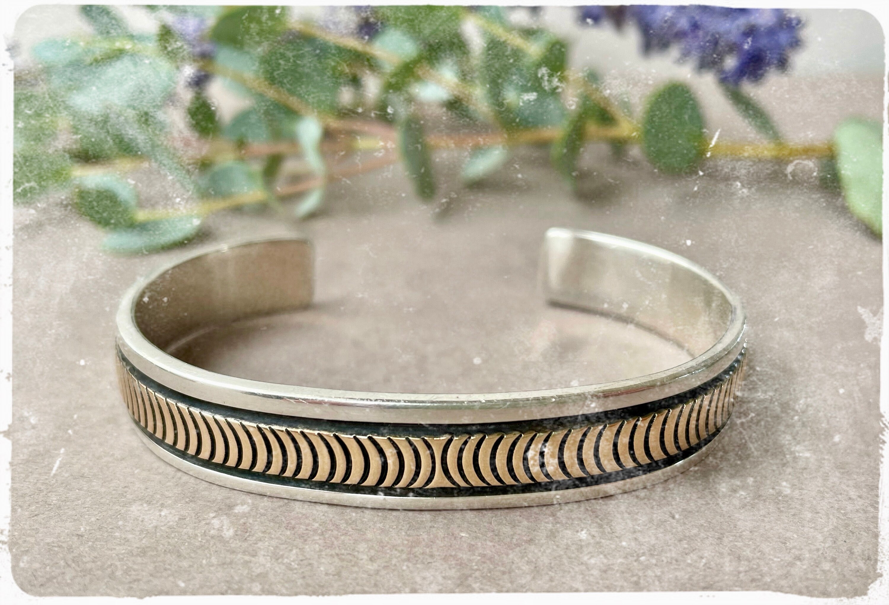 Bruce Morgan 925 Silver 14k Yellow Gold Navajo Cuff Bracelet