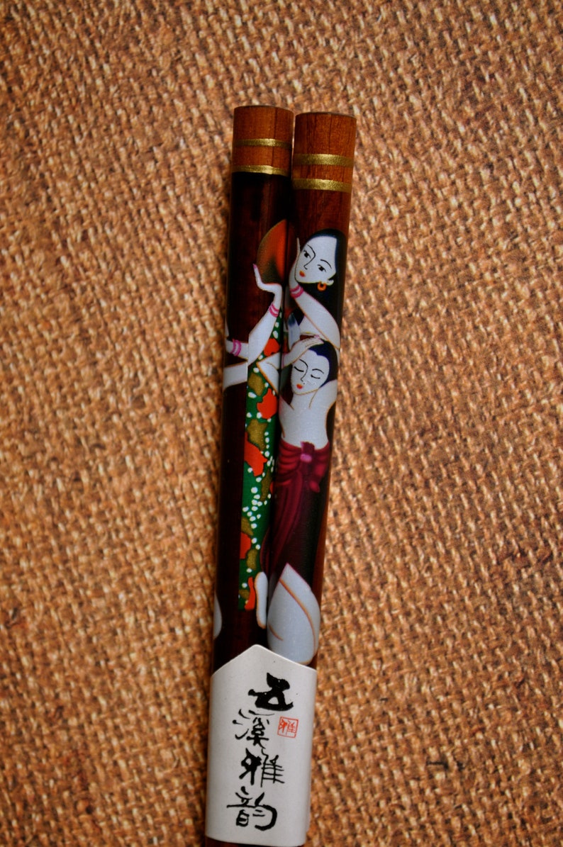 Vintage Japanese Lacquered Chopsticks with ladies pattern set of 2