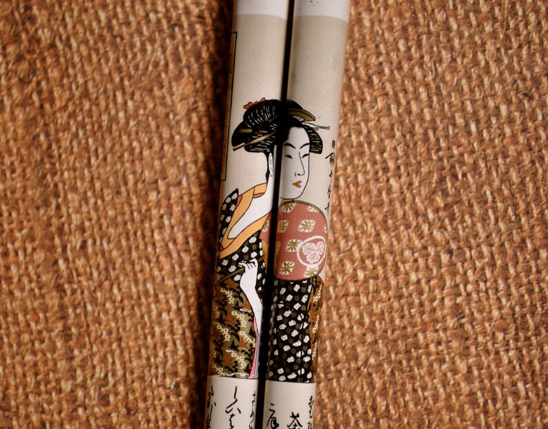 Vintage Japanese Lacquered Chopsticks with ladies pattern set of 2