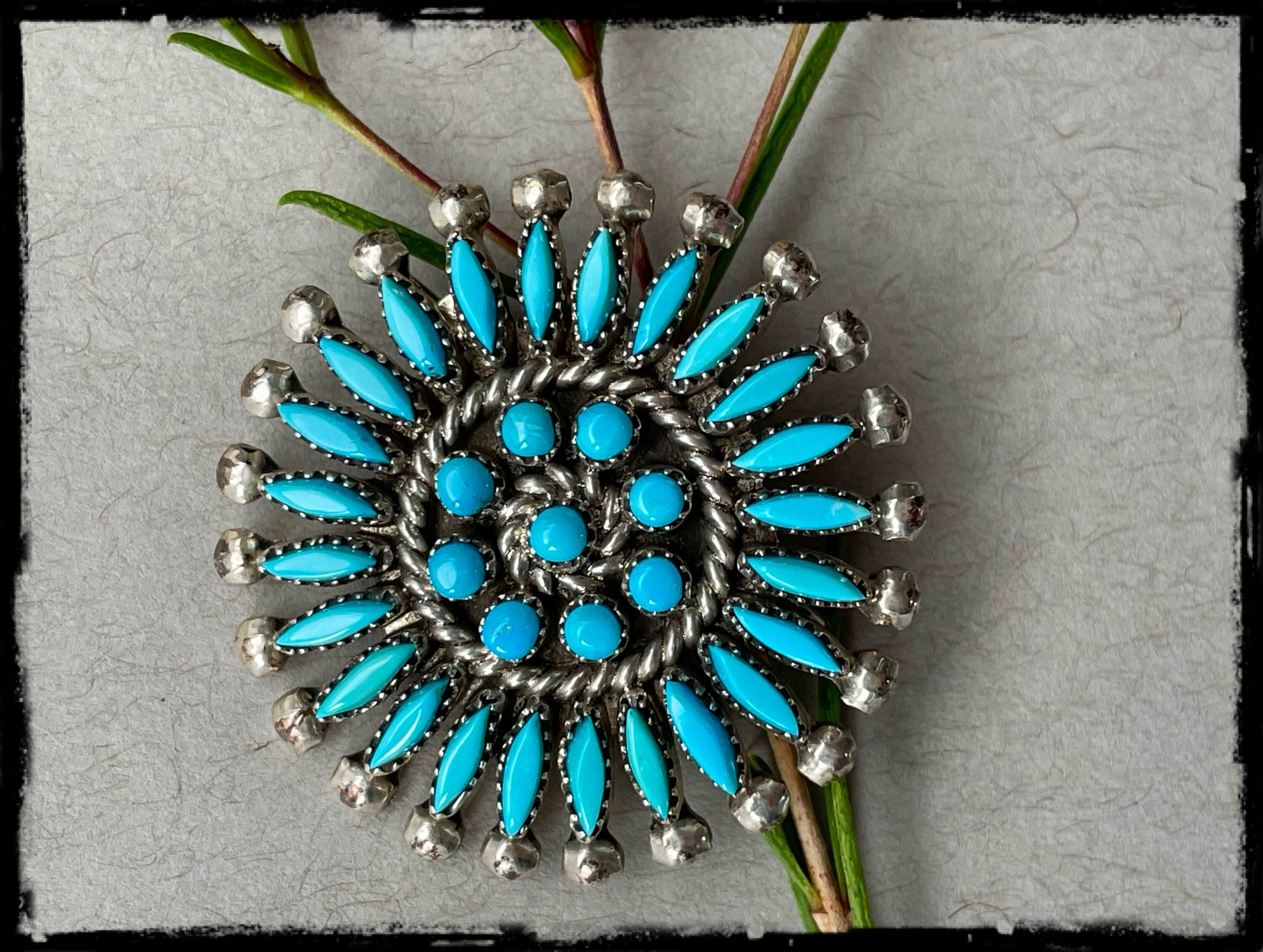 Vintage Native American Needle Point Turquoise Brooch Signed