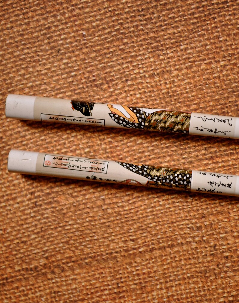 Vintage Japanese Lacquered Chopsticks with ladies pattern set of 2