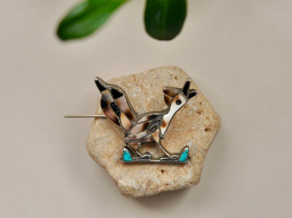 Vintage Native American Roadrunner inlay brooch - image 5