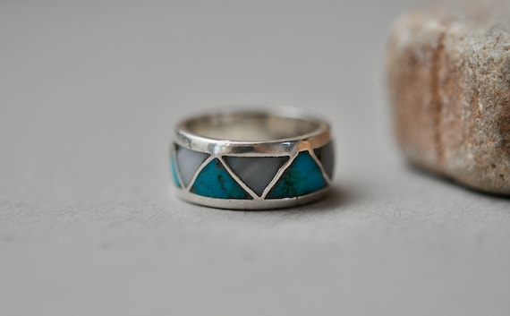 Vintage Native American inlay ring signed JM size… - image 7