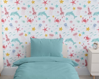 Ocean Sea Animals Wallpaper Peel and Stick Wallpaper Removable Traditional Pre-Pasted Self-Adhesive Kids Bedroom Nursery Under The Sea FP520