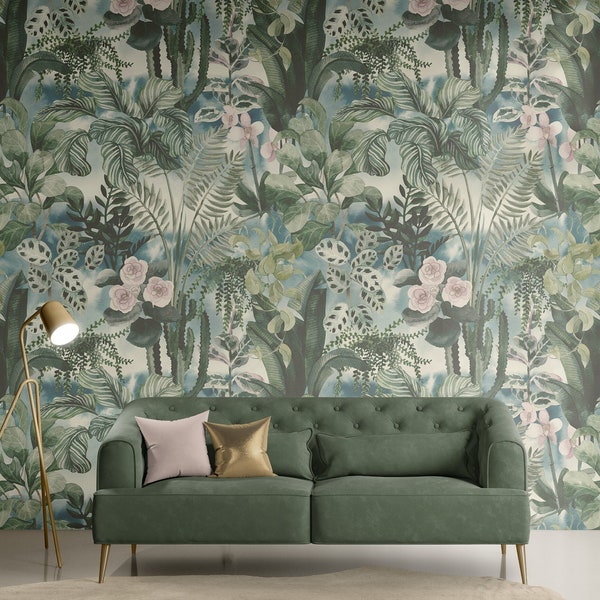 Dark Tropical Wallpaper Peel and Stick Wallpaper Removable Traditional Pre-Pasted Self-Adhesive Exotic Leaves Floral Green Wallpaper FP317