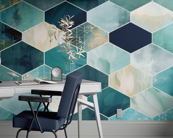 Geometric Wallpaper Peel and Stick Wallpaper Removable Traditional Pre-Pasted Self-Adhesive Office Minimal Bedroom Modern Teal FP700