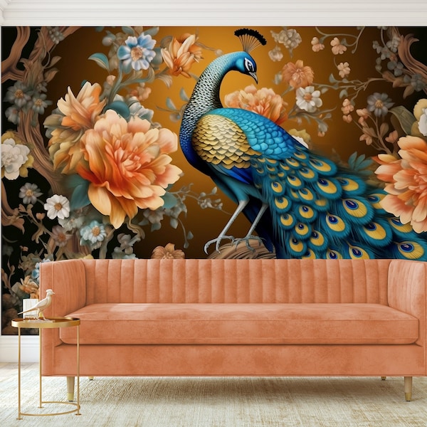 Chinoiserie Wallpaper Peel and Stick Wallpaper Removable Traditional Pre-Pasted Self-Adhesive Peacock Wallpaper Chinoiserie Peacock FP4001