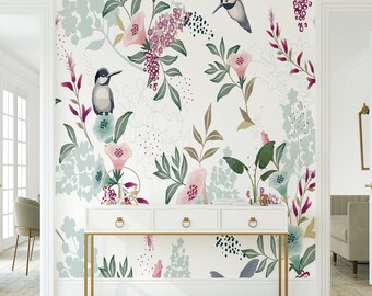 Humming Bird Floral Mural Floral Wallpaper Modern Accent Wall Peel and Stick Wallpaper Removable Traditional Pre-Pasted Self-Adhesive FP443