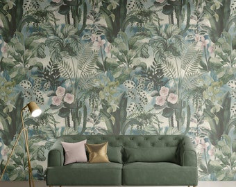 Dark Tropical Wallpaper Peel and Stick Wallpaper Removable Traditional Pre-Pasted Self-Adhesive Exotic Leaves Floral Green Wallpaper FP317