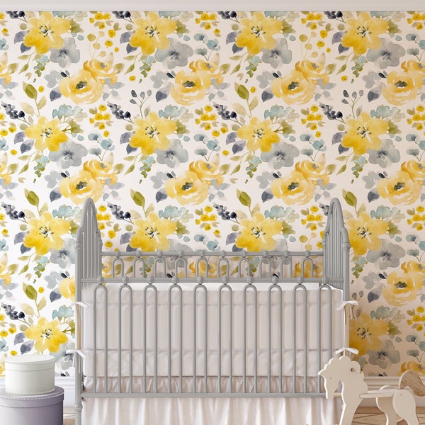 Watercolor Floral Wallpaper Spring Accent Wall Peel and Stick Wallpaper Removable Traditional Pre-Pasted Self-Adhesive Yellow and Grey FP439