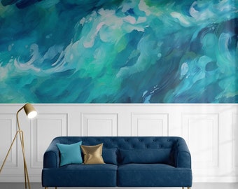 Watercolor Paint Ocean Blue Abstract Wallpaper Peel and Stick Wallpaper Removable Traditional Pre-Pasted Self-Adhesive Bedroom Waves FP218