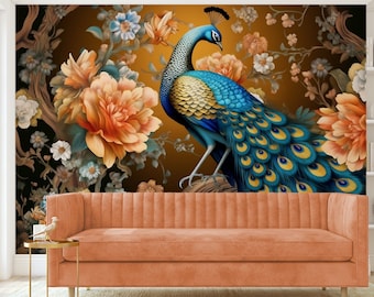 Chinoiserie Wallpaper Peel and Stick Wallpaper Removable Traditional Pre-Pasted Self-Adhesive Peacock Wallpaper Chinoiserie Peacock FP4001