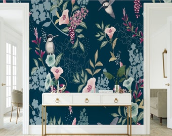 Humming Bird Floral Mural Floral Wallpaper Modern Accent Wall Peel and Stick Wallpaper Removable Traditional Pre-Pasted Self-Adhesive FP444