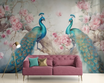 Chinoiserie Wallpaper Peel and Stick Wallpaper Removable Traditional Pre-Pasted Self-Adhesive Peacock Wallpaper Chinoiserie Peacock FP4000
