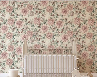 Floral Wallpaper Nursery Wall Peel and Stick Wallpaper Removable Traditional Pre-Pasted Self-Adhesive Roses Vintage Mural Victorian FP459
