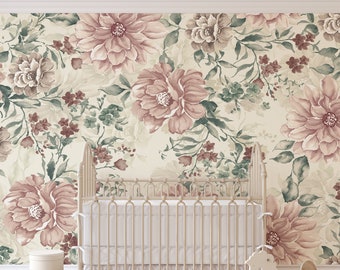 Floral Wallpaper Nursery Wall Peel and Stick Wallpaper Removable Traditional Pre-Pasted Self-Adhesive Roses Vintage Pink Victorian  FP460