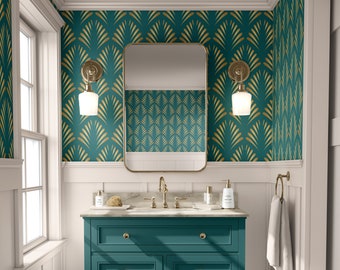 Art Decro Gold and Teal, Fans, Palms, fans gold non metallic Peel and stick removable or Traditional mid century wallpaper, Turquoise FP813