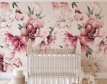 Pink Mauve Peonies Floral Wallpaper Girl Nursery Accent Wall Peel and Stick Wallpaper Removable Traditional Pre-Pasted Floral Mural FP445