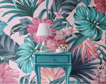 Tropical Leaves Wallpaper Peel and Stick Wallpaper Removable Traditional Pre-Pasted Self-Adhesive Pink Pastel Monstera leaves Vinyl FP306