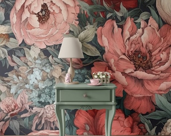 Bathroom Nursery Pink Floral Wall Mural Wallpaper Peel and Stick Wallpaper Watercolor Removable Traditional Pre-Pasted Self-Adhesive FP400
