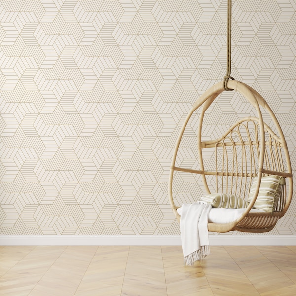 Geometric Wallpaper Peel and Stick Wallpaper Removable Traditional Pre-Pasted Self-Adhesive Office Minimal Bedroom Modern Shapes Gold FP703