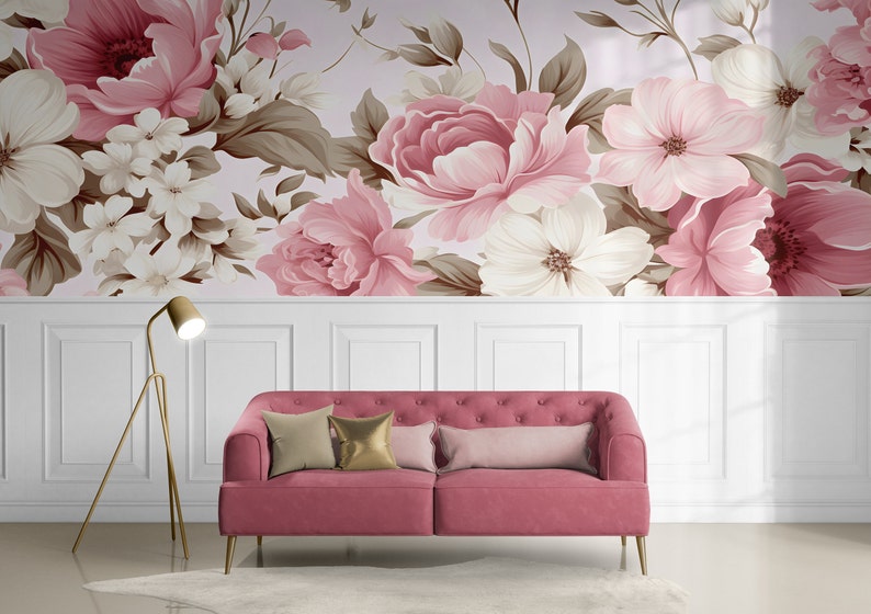 Peony Floral Mural Floral Wallpaper Nursery Accent Wall Peel and Stick ...