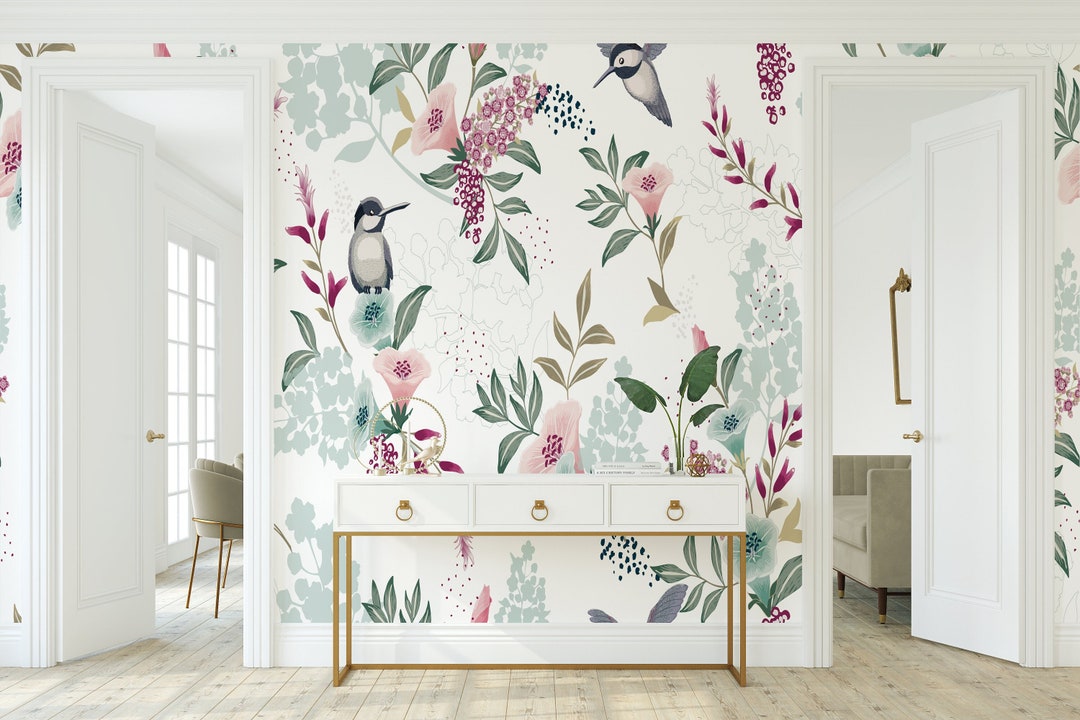 Humming Bird Floral Mural Floral Wallpaper Modern Accent Wall Peel and ...