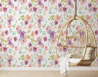 Watercolor Floral Wallpaper Spring Accent Wall Peel and Stick Wallpaper Removable Traditional Pre-Pasted Self-Adhesive Pink and Purple FP438