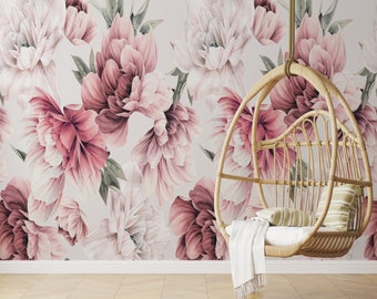 Mauve Peonies Floral Wallpaper Girl Nursery Accent Wall Peel and Stick Wallpaper Removable Traditional Pre-Pasted Floral Mural Flowers FP445