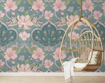 Chinoiserie Tiger Wallpaper Peel and Stick Wallpaper Removable Traditional Pre-Pasted Self-Adhesive Wallpaper Chinoiserie Peacock FP4003