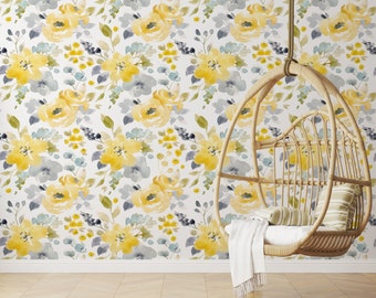 Watercolor Floral Wallpaper Spring Accent Wall Peel and Stick Wallpaper Removable Traditional Pre-Pasted Self-Adhesive Yellow and Grey FP439