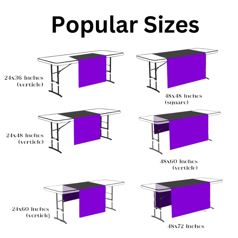 May include: Diagram showing different sizes of table runners for a 6 foot table. The table runner sizes are 24x36 inches, 24x48 inches, 24x60 inches, 48x48 inches, 48x60 inches, and 48x72 inches.