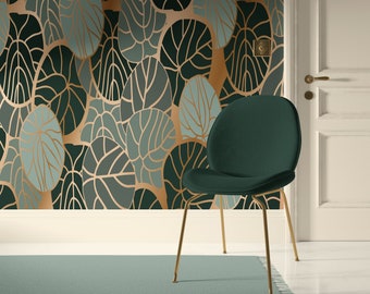 Tropical Leaves Wallpaper Peel and Stick Wallpaper Removable Traditional Pre-Pasted Self-Adhesive Office Bedroom Green Whimsical Gold FP301