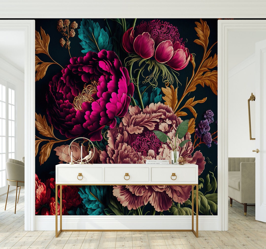 Floral Mural Peony Rose Floral Wallpaper Modern Accent Wall Peel and ...