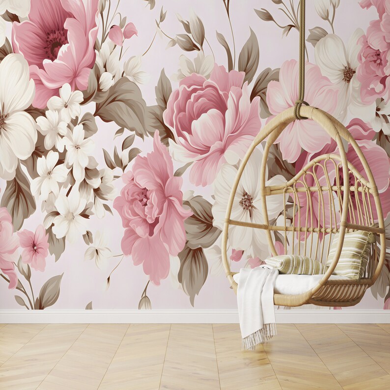 Peony Floral Mural Floral Wallpaper Nursery Accent Wall Peel and Stick ...