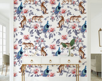 Chinoiserie Tiger Wallpaper Peel and Stick Wallpaper Removable Traditional Pre-Pasted Self-Adhesive Wallpaper Chinoiserie Peacock FP4002
