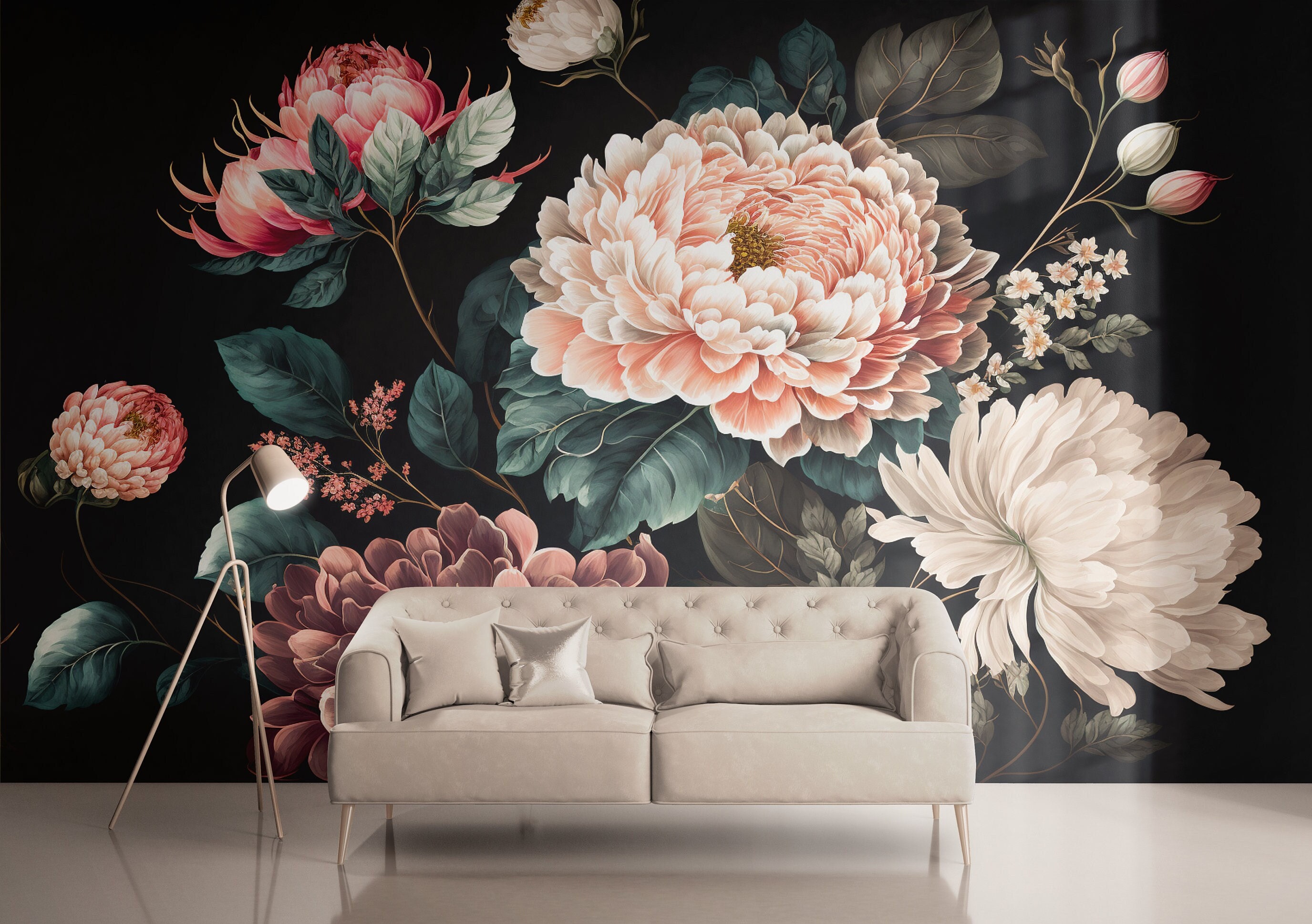Floral Mural Peony Rose Floral Wallpaper Spring Accent Wall Peel and ...